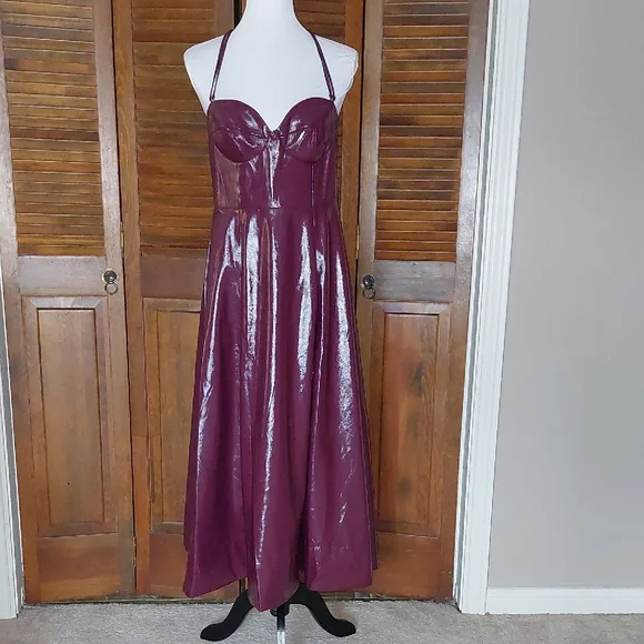 STAUD Plum Abstract Faux Leather Midi Dress Sz 12 - Picture 3 of 15